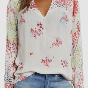Lucky Brand Women's Floral V-Neck Peasant Blouse Size S Standard Multicolor